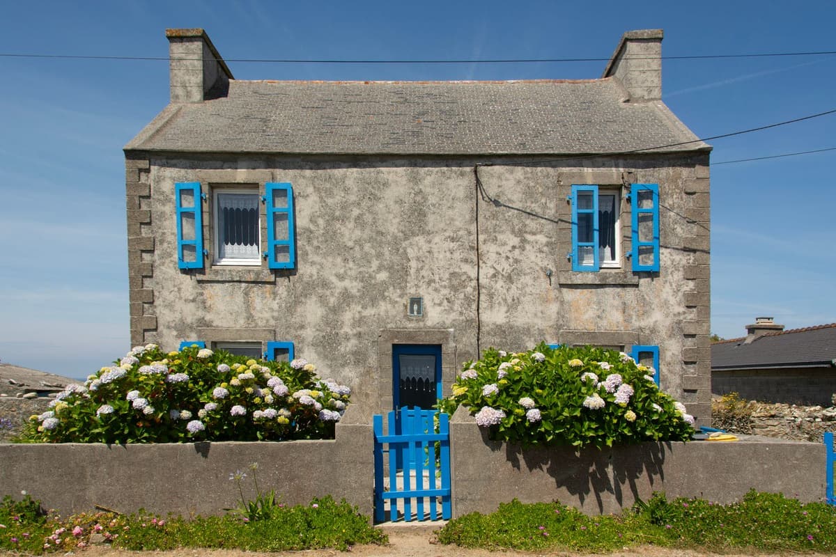Maison individuelle bretonne en granit aux volets bleus, hortensias en fleurs devant la façade